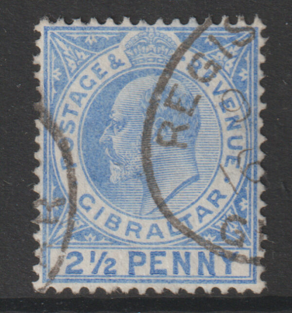 Gibraltar EDVII SG69a 2 1/2d Ultramarine Variety Large 2 in 1/2 VFU Cat £120