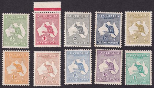 Australia 1913 Kangaroos 1st Watermark 1/2d - 1/- Mint