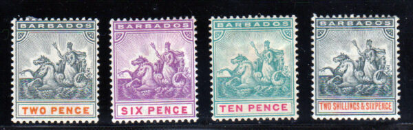 Barbados QV SG108, 111, 113 & 114 2d, 6d, 10d & 2/6 mint hinged Cat £103