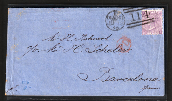 GB QV 1870 SG108 6d Dull Violet Pl8 on cover from Dundee to Barcelona