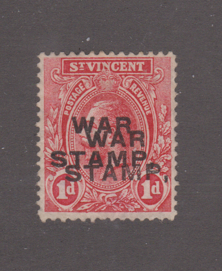 St Vincent 1916 SG124a 1d Carmine-red WAR STAMP overprint double Mint Cat £250