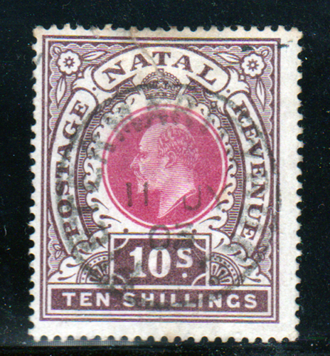 Natal 1902 SG141 10/- Deep-Rose & Chocolate Fine Used Cat £60