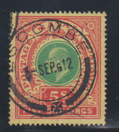 Natal 1908 SG169 5/- Green and Red/Yellow VFU Cat £50