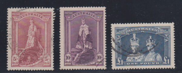 Australia 1937-49 SG176-8 5/-, 10/- & £1 VFU Cat £54