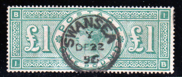 GB QV 1891 SG212 £1 Green IB Very Fine Used with Swansea CDS Cat £800