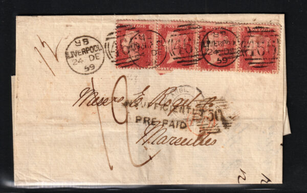 GB QV 1859 SG40 1d Rose-Red Strip of 4 Tied by Liverpool 466 Duplex