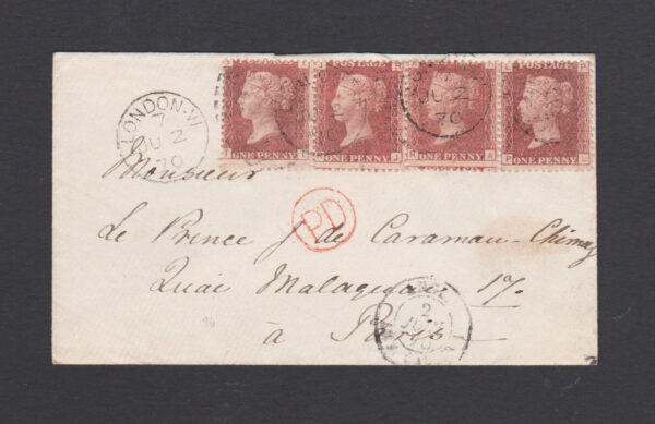 GB QV 1870 SG43 1d Rose-Red Plate 115 Strip of 4 on cover from London to Paris