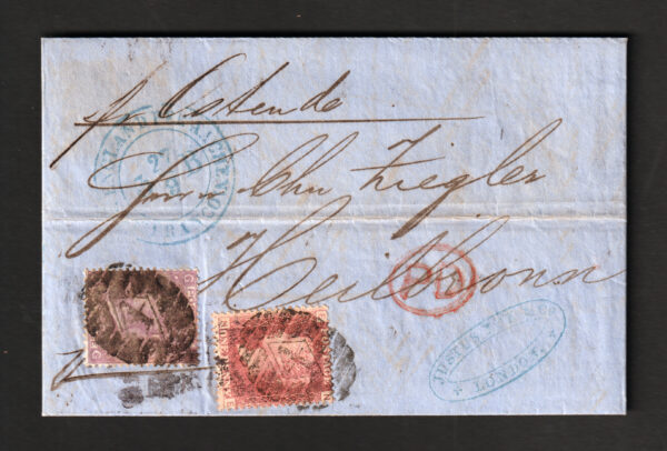 GB QV 1865 SG43 1d Rose-Red Pl95 & SG97 6d Lilac Pl5 on cover to Heilbronn