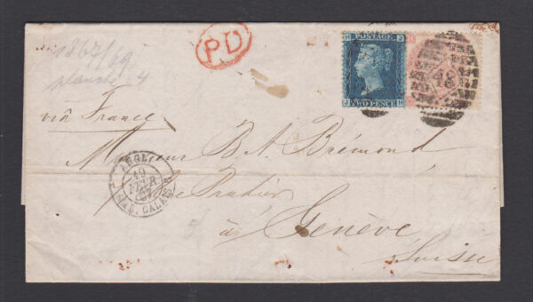 GB QV 1867 SG45 2d Blue & SG92 3d Rose on cover to Switzerland
