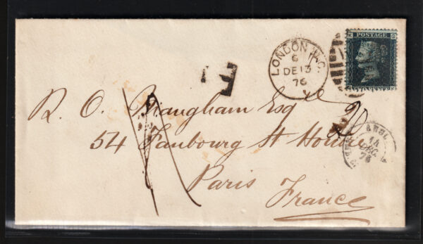 GB QV 1876 SG47 2d Blue Plate 15  on cover to Paris tied by London duplex