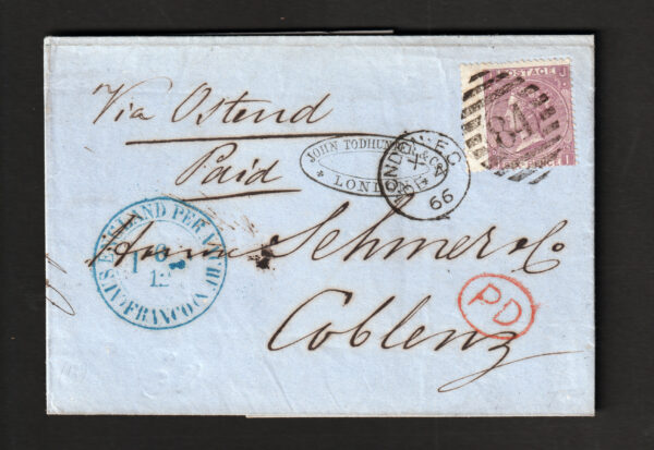 GB QV 1866 SG97 6d Lilac Pl5 on cover from London to Coblenz