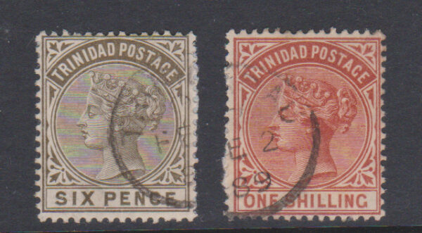 Trinidad & Tobago 1883 QV SG111 6d Olive-black & SG112 1/- Orange-brown FU