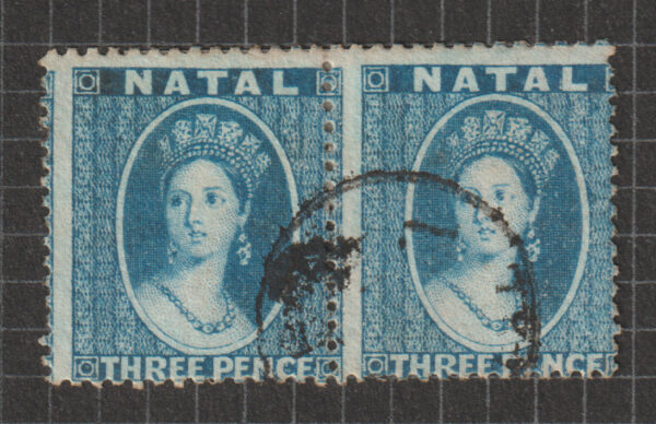 Natal 1861 QV SG12 3d Blue Pair FU Cat £100