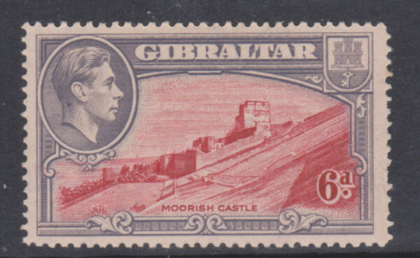 Gibraltar GVI 1938 SG126a 6d Carmine & Grey-Violet P14 Mint Cat £120