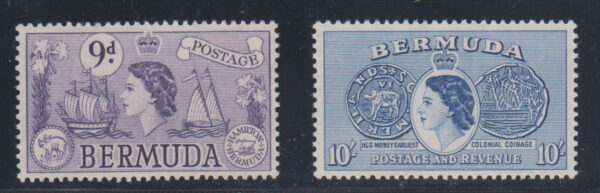 Bermuda 1953 QEII SG143b 9d Violet & SG149 10/- Ultramarine NHM Cat £39