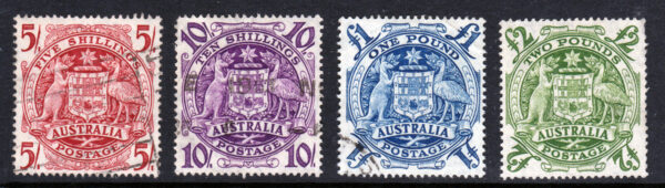 Australia 1948 SG224a-224d 5/- Claret 10/- Purple £1 Blue & £2 Green F/VFU