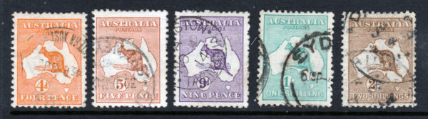 Australia 1913 Kangaroos 1st Watermark SG6, 8, 10, 11 & 12 G/FU Cat £243