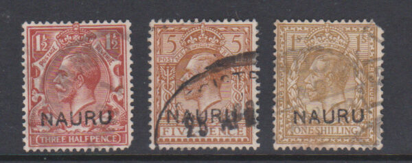 Nauru 1916 SG3, SG9 & SG12 1 1/2d Brown, 5d Yellow-brown & 1/- Bistre-brown Cat £135