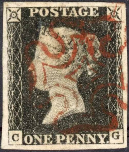 GB QV SG2 1d Black Plate 1b Letter CG Red Maltese Cross Cancel VFU Cat £375