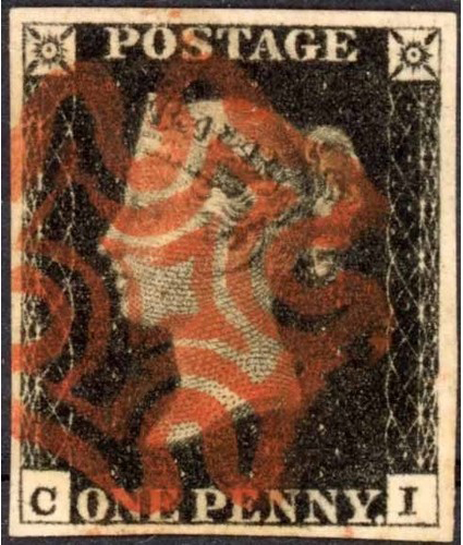 GB QV SG2 1d Black Plate 6 Letter CI Red Maltese Cross Cancel VFU Cat £375