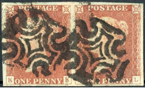 GB QV SG8 Spec A56 1d Red-Brown Plate 1b Letter KK-KL Black Maltese Cross Cancels VFU Cat £950