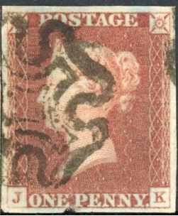 GB QV SG8 Spec A56 1d Red-Brown Plate 1b Letter JK Re Entry Black Maltese Cross Cancel Cat £450