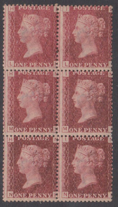GB QV SG43 1d Rose-Red Plate 157 Letter LH-NI Mint Block 6