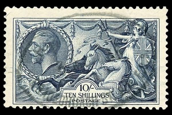 GB GV SG452 10/- Indigo Fine VFU Cat £80