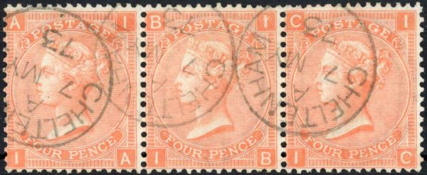 GB QV SG93 4d Dull Vermillion Superb Used Strip of 3 RPS Cert