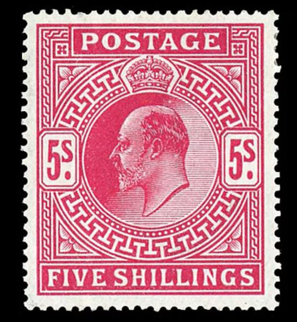 GB EDVII SG263 5/- Bright Carmine Lightly Hinged Mint Cat £450 (2)