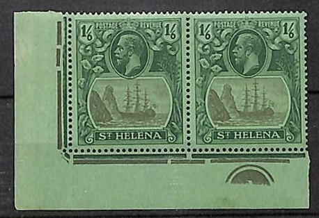St Helena 1922-37 SG107/107c 1/6 Grey & Green/Green Corner Marginal Pair Cleft Rock NHM