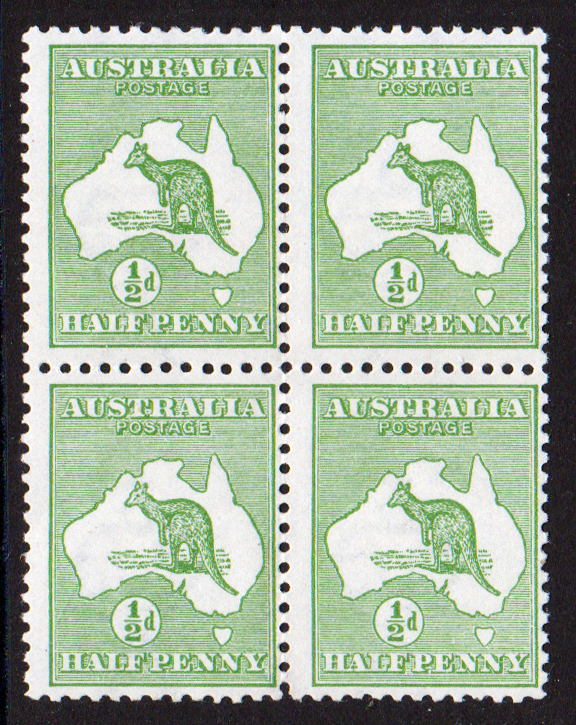 Australia 1913 Kangaroos 1st Watermark 1/2d Block of 4 NHM