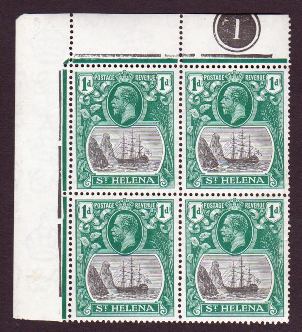 St Helena 1922 SG98-98a 1d Grey & Green Broken Mainmast Var NHM Block of 4 Cat £98