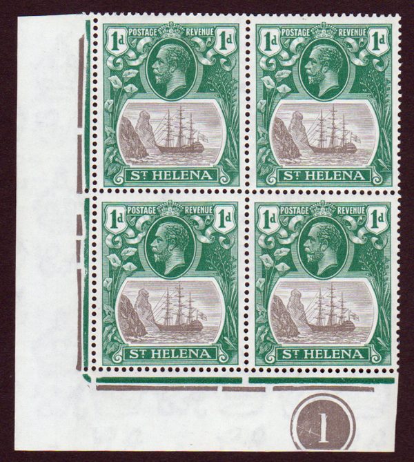 St Helena 1922 SG98-98c 1d Grey & Green Cleft Rock Var NHM Block of 4 Cat £88