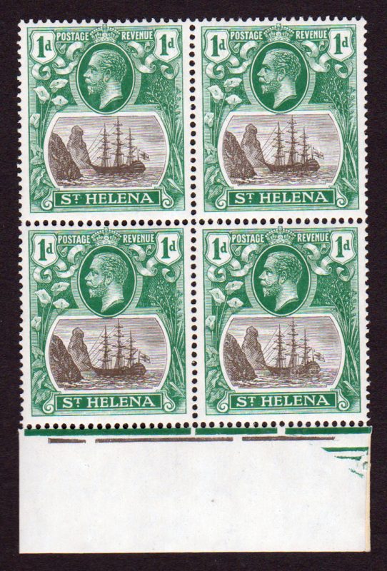 St Helena 1922 SG98-98b 1d Grey & Green Torn Flag Var NHM Block of 4 Cat £263