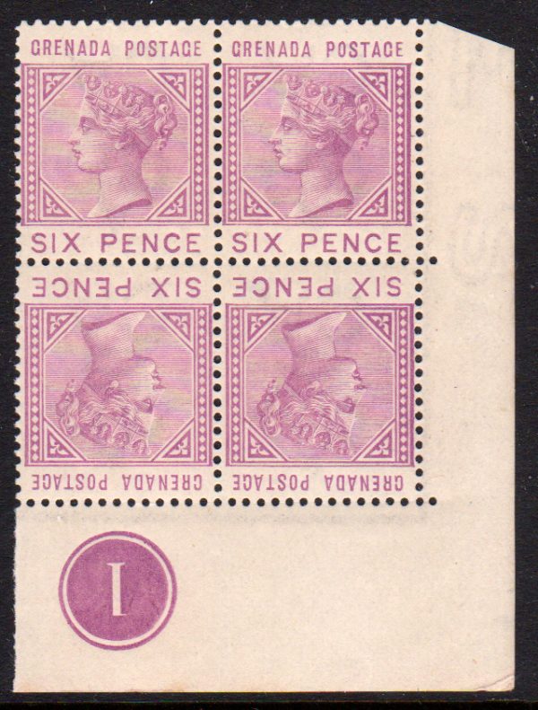 Grenada QV SG34a 6d Mauve Never Hinged Mint Tete-beche Corner Marginal Plate Block