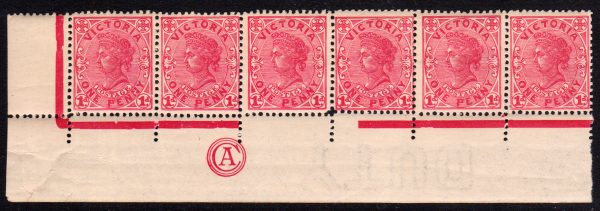 Victoria 1912 SG458 1d Rose-Carmine CA Monogram NHM Corner Strip of 6